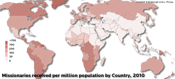 Missionaries received per million population by country, 2010